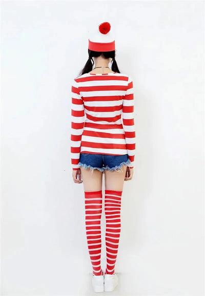 Waldo Book Week Fancy Dress Where's Wally Family Matching Parent-Child Costume Red White Stripe Shirt +Hat +Glasses Girls Boys - Mein Shop