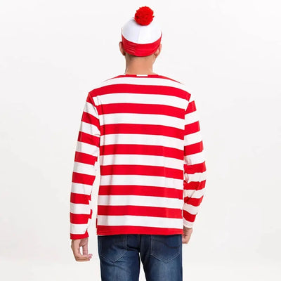 Waldo Book Week Fancy Dress Where's Wally Family Matching Parent-Child Costume Red White Stripe Shirt +Hat +Glasses Girls Boys - Mein Shop