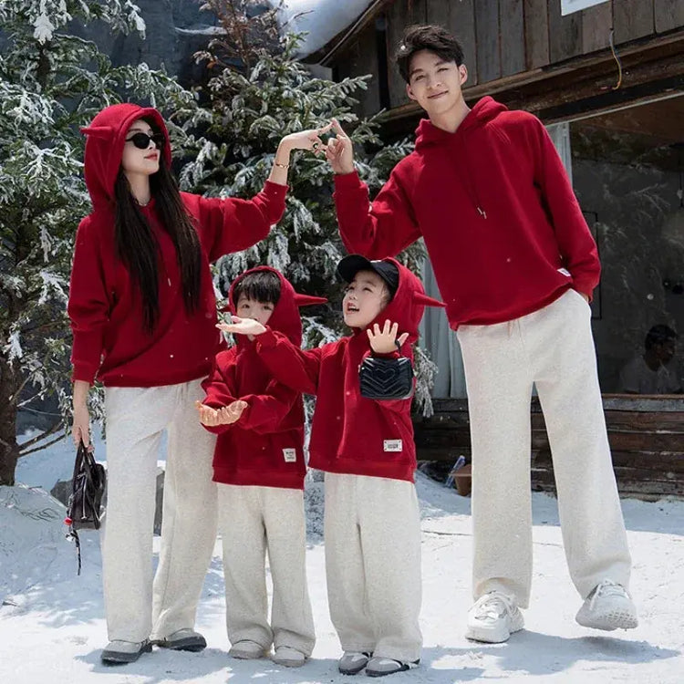 Funny Family Red Hoodies Ear Winter Warm Parent-child Clothes Dad Mom Daughter Son Matching Thick Hooded Sweatshirts Pants Sets - Mein Shop