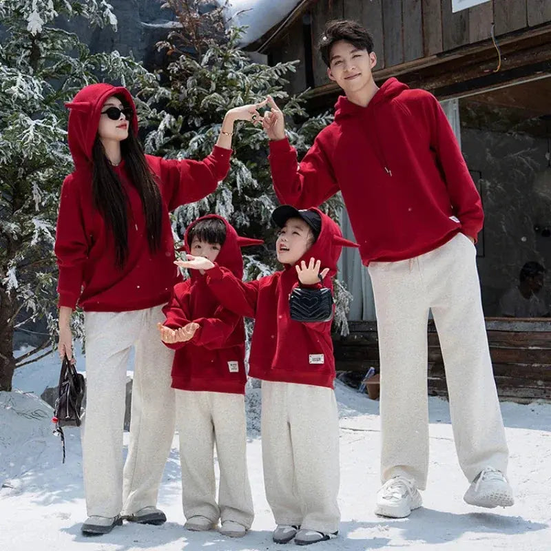 Funny Family Red Hoodies Ear Winter Warm Parent-child Clothes Dad Mom Daughter Son Matching Thick Hooded Sweatshirts Pants Sets