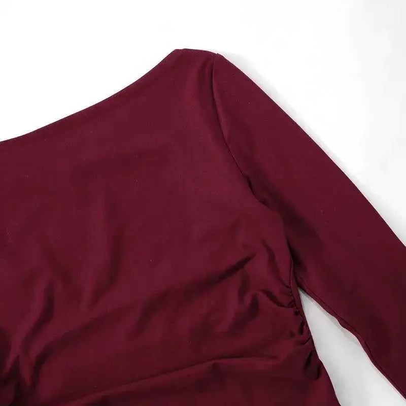 Wine Red T-shirts for Women 2025 Autumn Long Sleeve Split Slim Fit Tee Shirt Female Clothing Y2K Tunics Crop Tops Streetwear