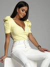 Women's Shirt Sexy Fashion Solid Color 2025 Spring Summer Short Sleeve Bubble Sleeve Slim Deep V-neck Personality Blouse Women - Mein Shop