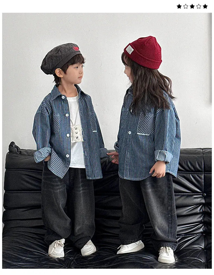Family Cotton Denim Shirts Parent-child Fashion Clothes Mother and Daughter Jacket Korean Father and Son Same Stripe Coat Tops - Mein Shop
