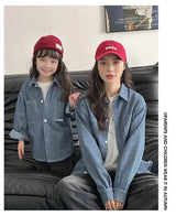 Family Cotton Denim Shirts Parent-child Fashion Clothes Mother and Daughter Jacket Korean Father and Son Same Stripe Coat Tops - Mein Shop