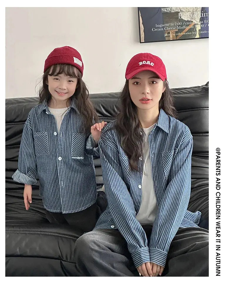 Family Cotton Denim Shirts Parent-child Fashion Clothes Mother and Daughter Jacket Korean Father and Son Same Stripe Coat Tops - Mein Shop