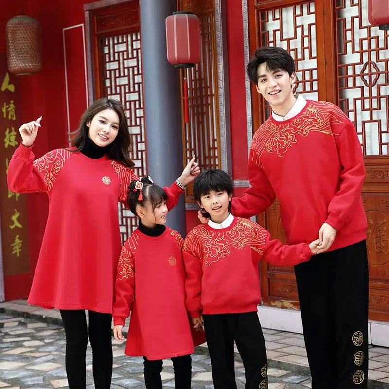 New Years Family Matching Red Clothing Winter Parent-child Clothes Mom and Daughter Girl Dress Dad and Son Boy Baby Sweatshirts