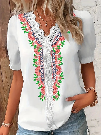 Women's Shirt Blouse Violets White Plain Lace Short Sleeve Casual Basic V Neck Regular Plus Size - Mein Shop