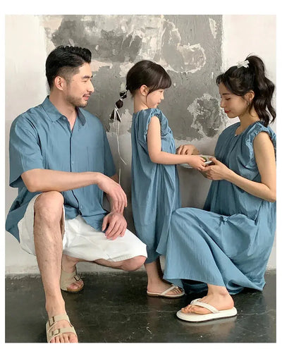 Family Matching Clothes for Brother Sister Mom Daughter Blue Dress Dad Son Clothing Korean Children Two Piece Set Couples Outfit Mein Shop