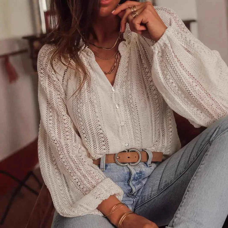 Shirt Women Tops V Neck Blouses Work Elegant Full Sleeve Casual Top Simple Hollow Out Shirts Y2k Streetwear Work Summer 2025