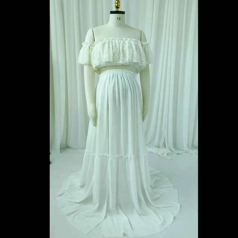 Schwangerschaftskleid Fotografie: Ein-Schulter Spitze Kurzoberteil & Leinen Baumwolle Lange Rock Maternity Kleider für Babypartys