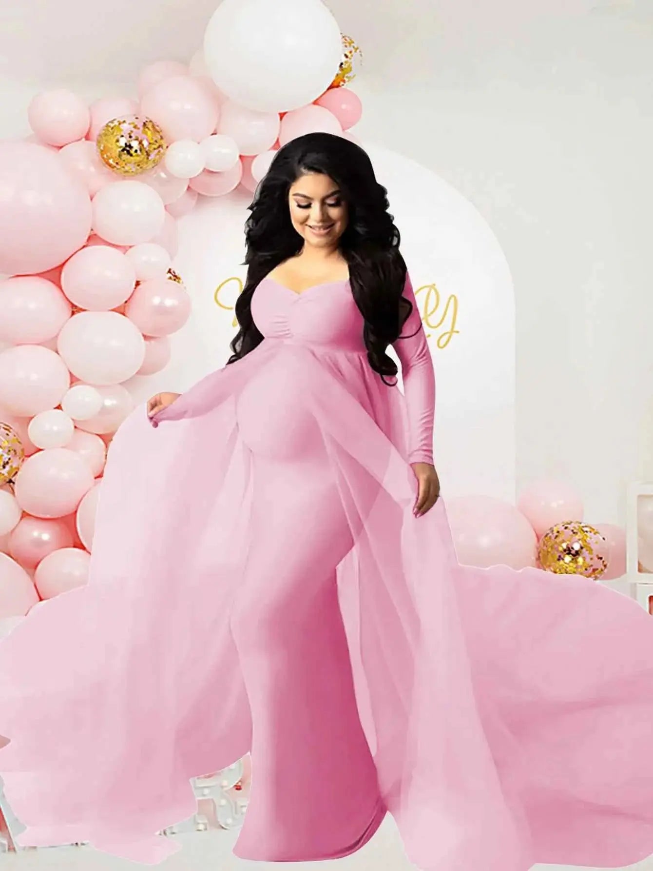 Schwangerenkleider Fotoshooting mit langen Ärmeln und V-Ausschnitt, elegante Mesh-Robe mit Bodenschleppe für Schwangerschaftsfotos und Babypartys