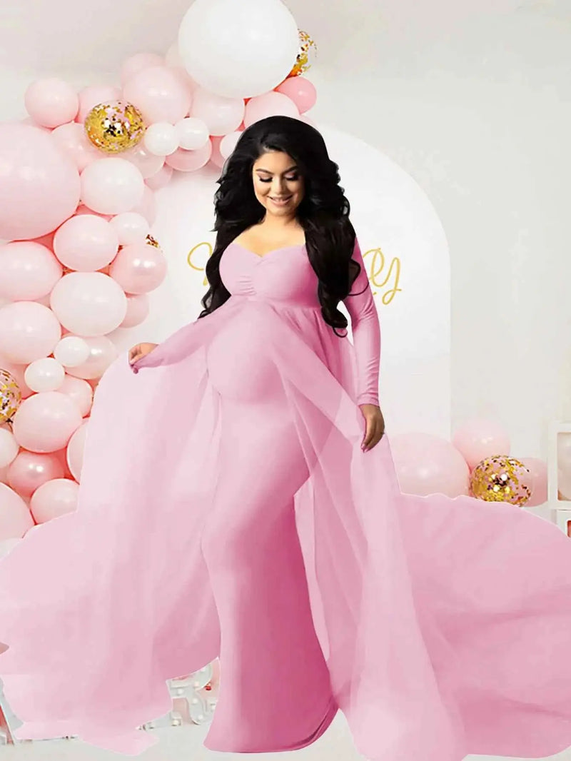 Schwangerenkleider Fotoshooting mit langen Ärmeln und V-Ausschnitt, elegante Mesh-Robe mit Bodenschleppe für Schwangerschaftsfotos und Babypartys