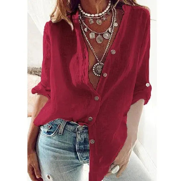 White Shirt for Women Long-sleeved Blouses Cotton Solid Color Loose V-neck Black Top Simple Casual Shirt for Female - Mein Shop