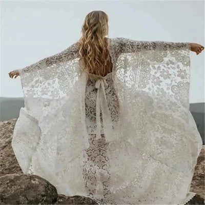 Umstandskleid mit Spitzenärmel - Maternity Batwing Sleeve V-Ausschnitt Langes Kleid für schwangere Frauen, ideal für Fotoshootings und als Requisit