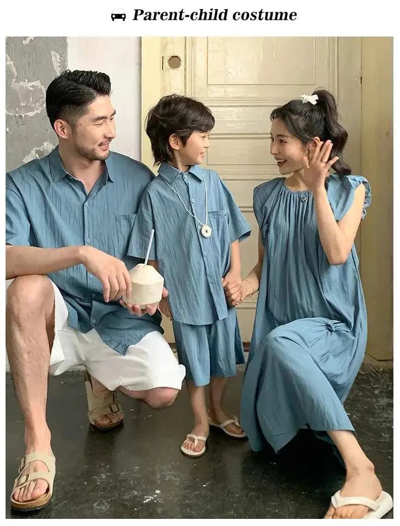 Family Matching Clothes for Brother Sister Mom Daughter Blue Dress Dad Son Clothing Korean Children Two Piece Set Couples Outfit