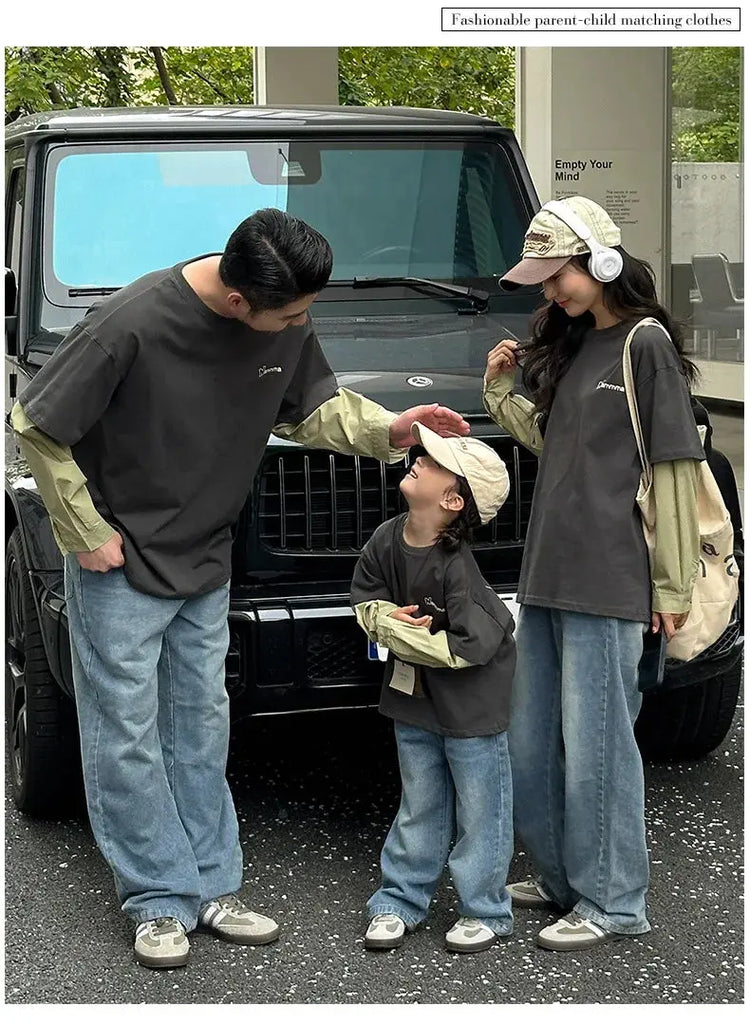 Fashion Family Long Sleeve T-shirt Parent-child Tee Korean Father Mother and Son Daughter Same Clothes Dad Mom and Baby Clothing - Mein Shop