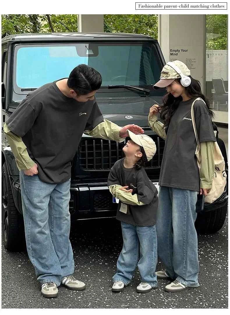Fashion Family Long Sleeve T-shirt Parent-child Tee Korean Father Mother and Son Daughter Same Clothes Dad Mom and Baby Clothing