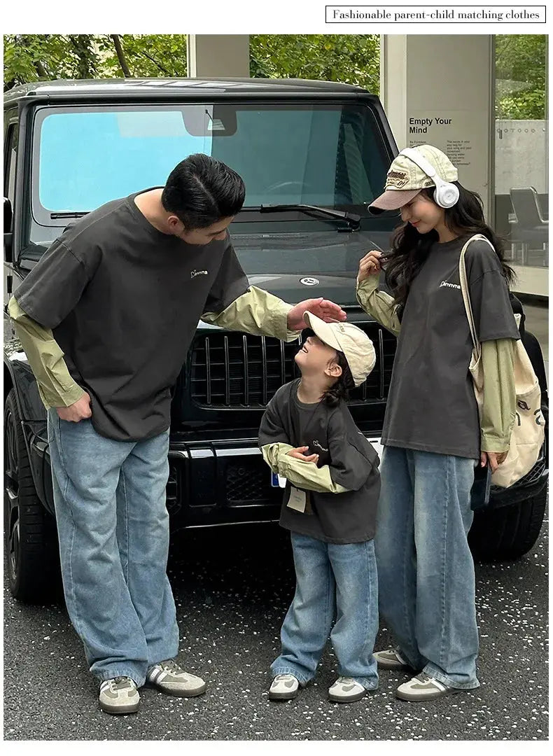 Fashion Family Long Sleeve T-shirt Parent-child Tee Korean Father Mother and Son Daughter Same Clothes Dad Mom and Baby Clothing - Mein Shop