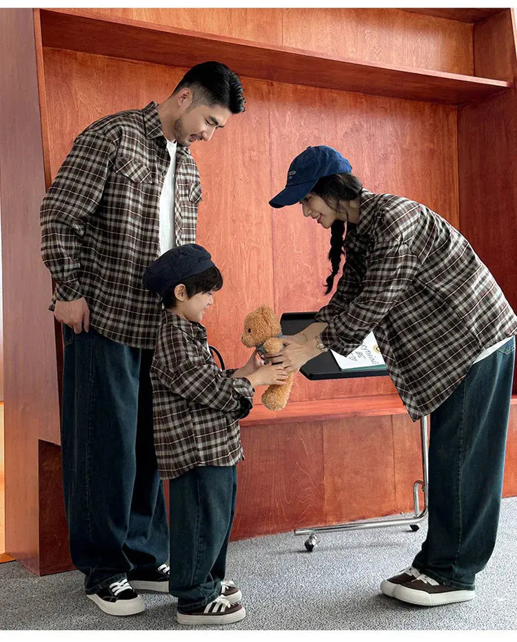 Equal Family Plaid Shirts Autumn Father Mother and Daughter Son Same Long Sleeve Tops Korean Vintage Parent-child Jacket Coat - Mein Shop