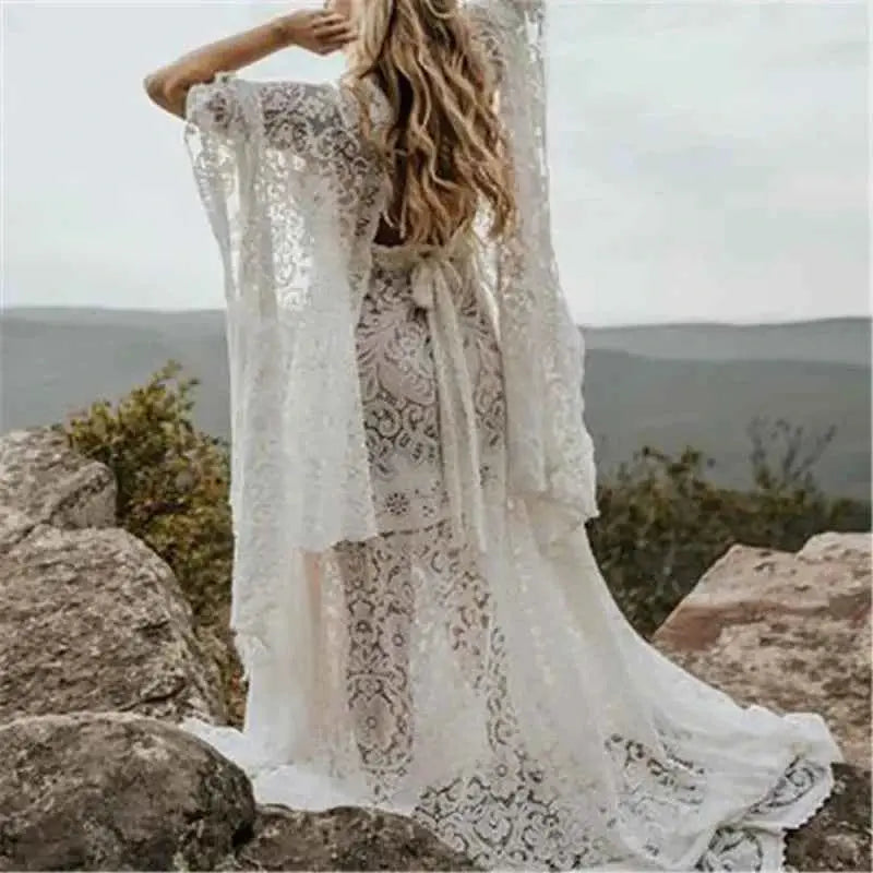 Umstandskleid mit Spitzenärmel - Maternity Batwing Sleeve V-Ausschnitt Langes Kleid für schwangere Frauen, ideal für Fotoshootings und als Requisit