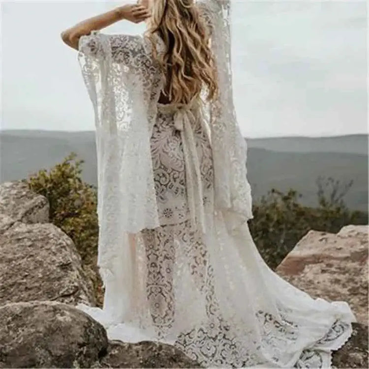 Umstandskleid mit Spitzenärmel - Maternity Batwing Sleeve V-Ausschnitt Langes Kleid für schwangere Frauen, ideal für Fotoshootings und als Requisit