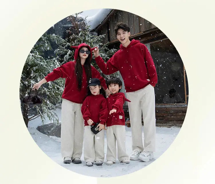 Funny Family Red Hoodies Ear Winter Warm Parent-child Clothes Dad Mom Daughter Son Matching Thick Hooded Sweatshirts Pants Sets - Mein Shop