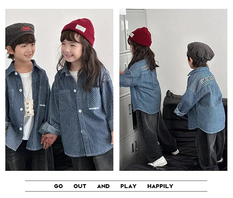 Family Cotton Denim Shirts Parent-child Fashion Clothes Mother and Daughter Jacket Korean Father and Son Same Stripe Coat Tops - Mein Shop