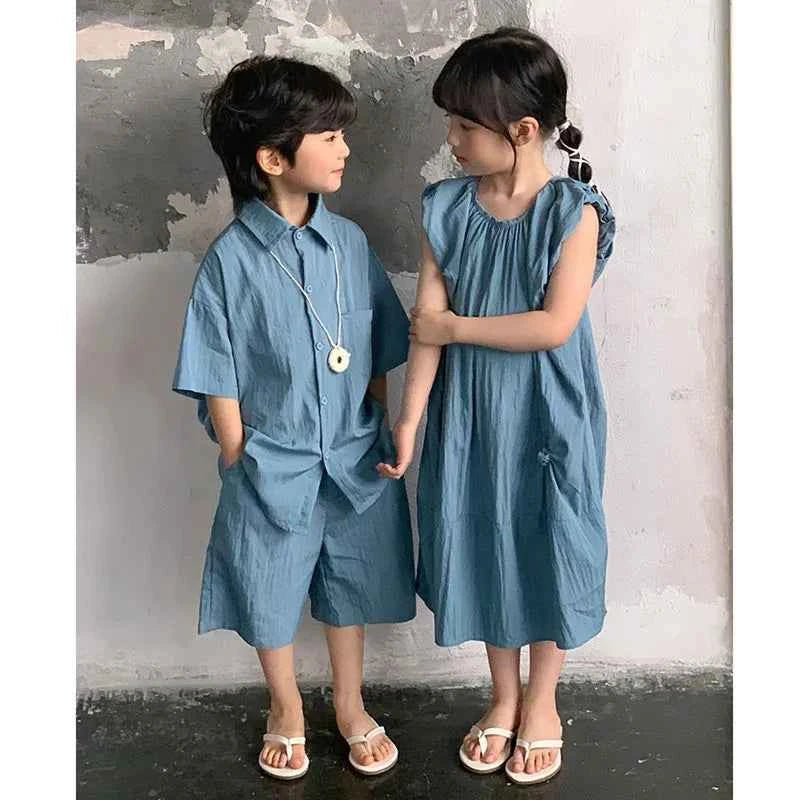 Family Matching Clothes for Brother Sister Mom Daughter Blue Dress Dad Son Clothing Korean Children Two Piece Set Couples Outfit