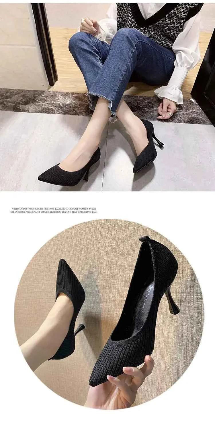 Comemore Comfortable Stilettos Dress Women's Shoes Spring 2023 Trend New Pointed High Heels Fashion Knitted Pumps Knitted Shoe
