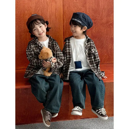 Equal Family Plaid Shirts Autumn Father Mother and Daughter Son Same Long Sleeve Tops Korean Vintage Parent-child Jacket Coat - Mein Shop