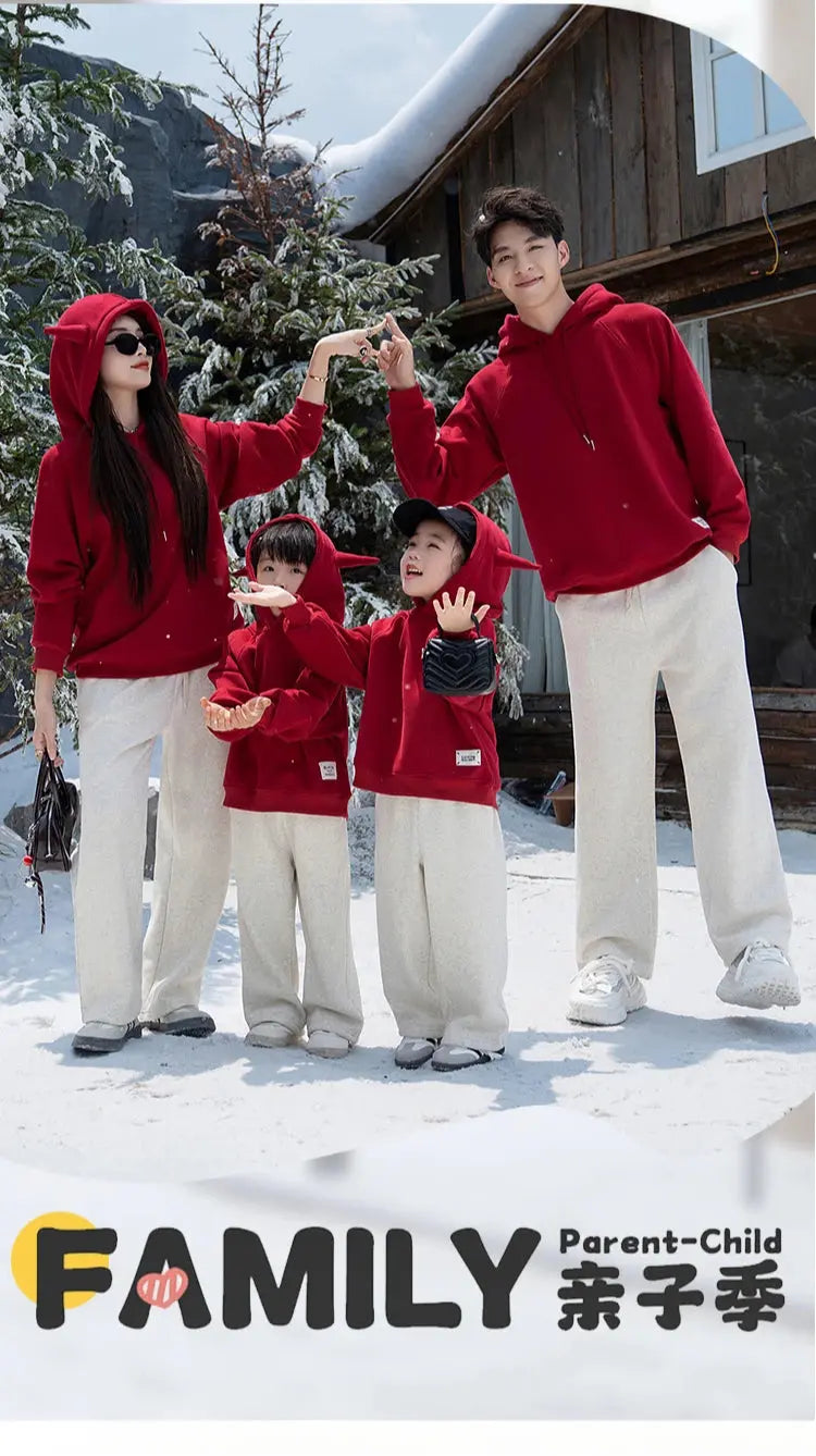 Funny Family Red Hoodies Ear Winter Warm Parent-child Clothes Dad Mom Daughter Son Matching Thick Hooded Sweatshirts Pants Sets - Mein Shop