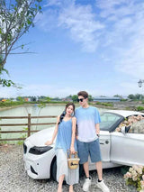 Family Fashion Beach Mother Father and Girl Boy Blue Clothes Vacation Look Mom Daughter Holiday Dress Korean Dad Son T Shirts