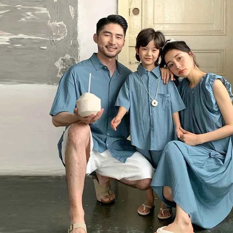 Family Matching Clothes for Brother Sister Mom Daughter Blue Dress Dad Son Clothing Korean Children Two Piece Set Couples Outfit