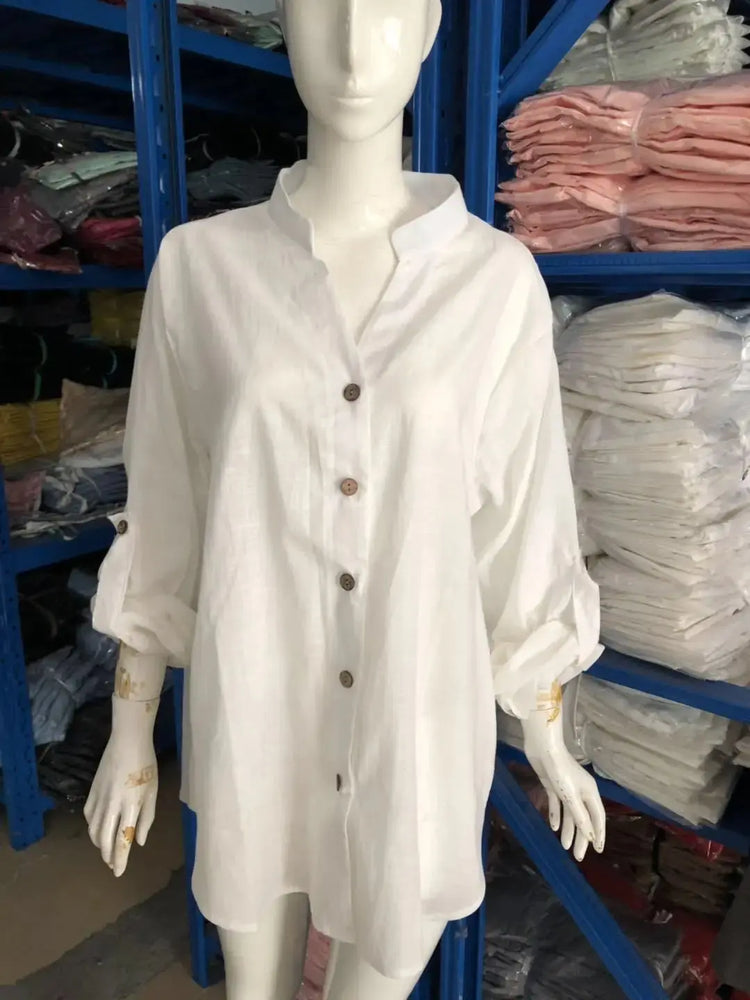 White Shirt for Women Long-sleeved Blouses Cotton Solid Color Loose V-neck Black Top Simple Casual Shirt for Female - Mein Shop