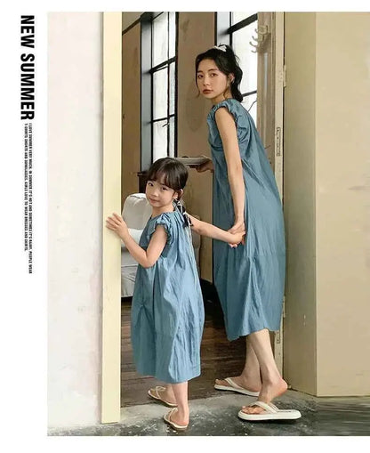 Family Matching Clothes for Brother Sister Mom Daughter Blue Dress Dad Son Clothing Korean Children Two Piece Set Couples Outfit