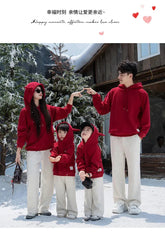 Funny Family Red Hoodies Ear Winter Warm Parent-child Clothes Dad Mom Daughter Son Matching Thick Hooded Sweatshirts Pants Sets - Mein Shop