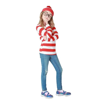 Waldo Book Week Fancy Dress Where's Wally Family Matching Parent-Child Costume Red White Stripe Shirt +Hat +Glasses Girls Boys - Mein Shop