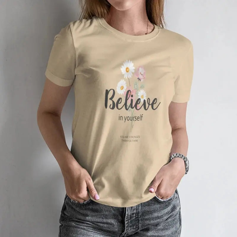 Women's Short-Sleeve T-Shirt Floral Inspirational Quote Print in Handwritten Style Ideal for Spring and Summer - Mein Shop