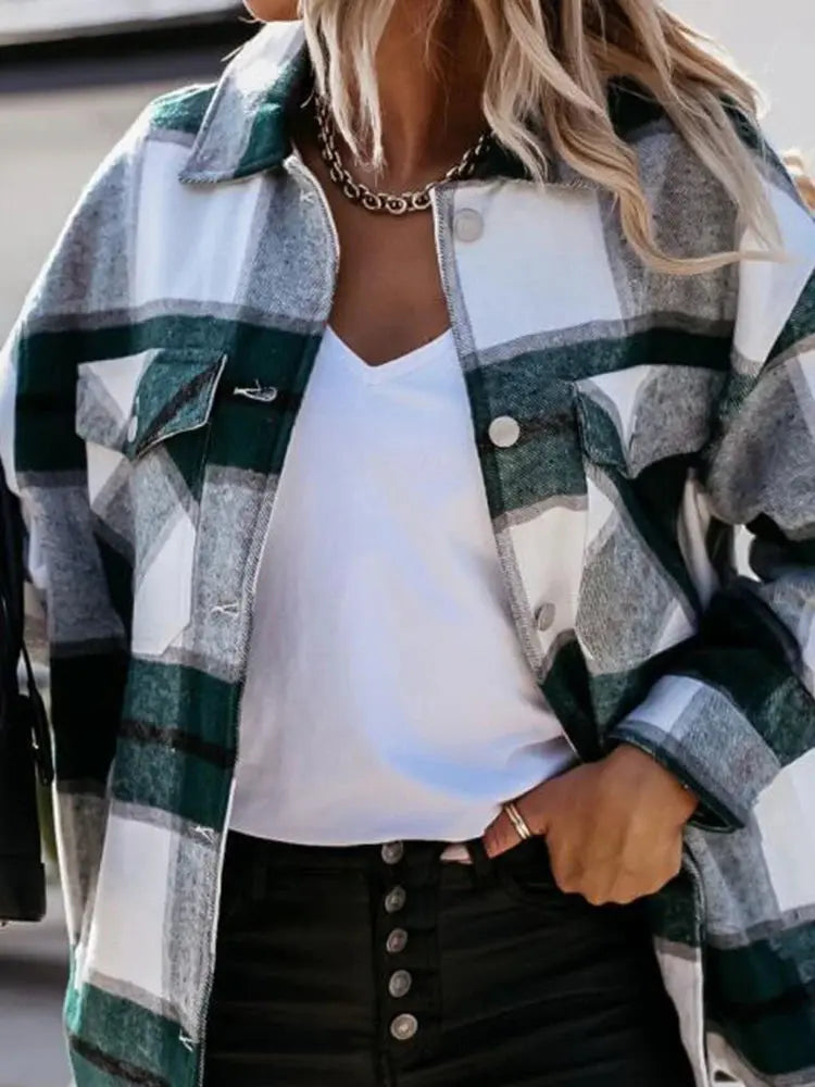 Shirts For Women Plaid Long Sleeve Button Up Shirt Collared Tops And Blouse 2024 Autumn Spring Fashion Loose Casual Black White - Mein Shop