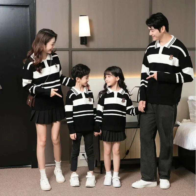 Sweater for The Whole Family Polo Knit Tops Fashion Mom and Daughter Child Girl Matching Jumper Dad and Son Baby Boy Knitwear - Mein Shop