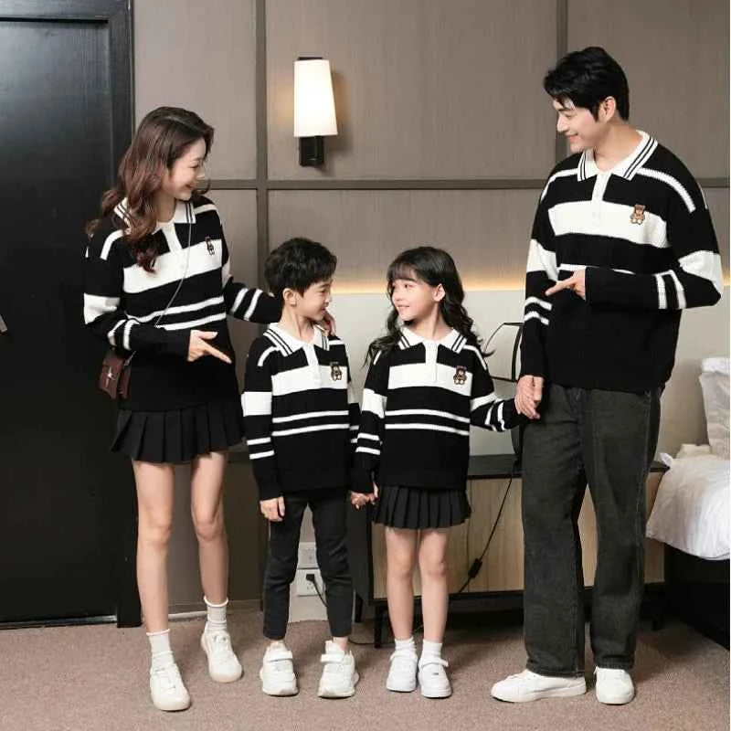 Sweater for The Whole Family Polo Knit Tops Fashion Mom and Daughter Child Girl Matching Jumper Dad and Son Baby Boy Knitwear