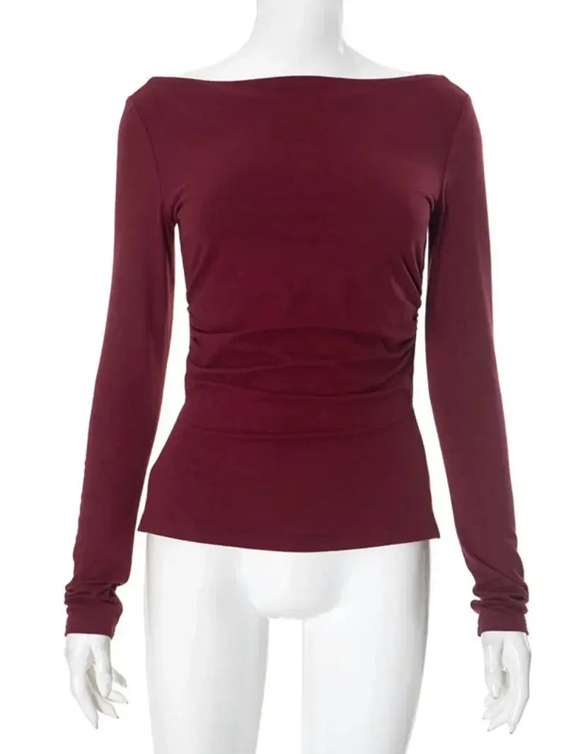 Wine Red T-shirts for Women 2025 Autumn Long Sleeve Split Slim Fit Tee Shirt Female Clothing Y2K Tunics Crop Tops Streetwear - Mein Shop