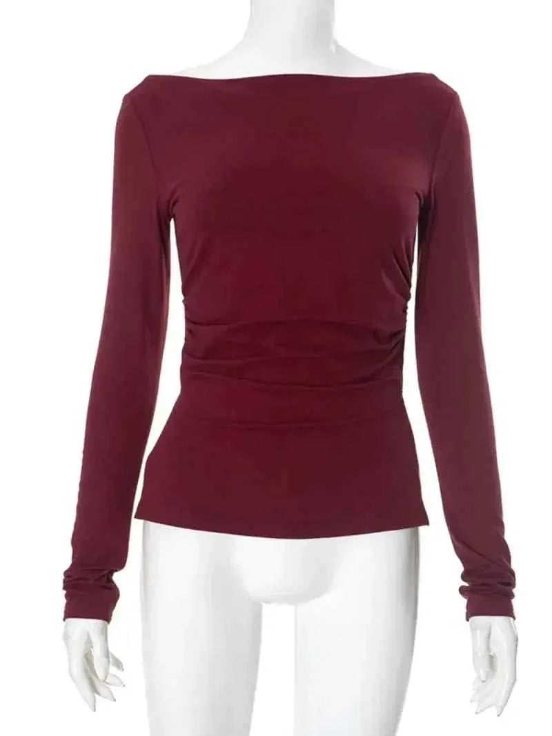 Wine Red T-shirts for Women 2025 Autumn Long Sleeve Split Slim Fit Tee Shirt Female Clothing Y2K Tunics Crop Tops Streetwear