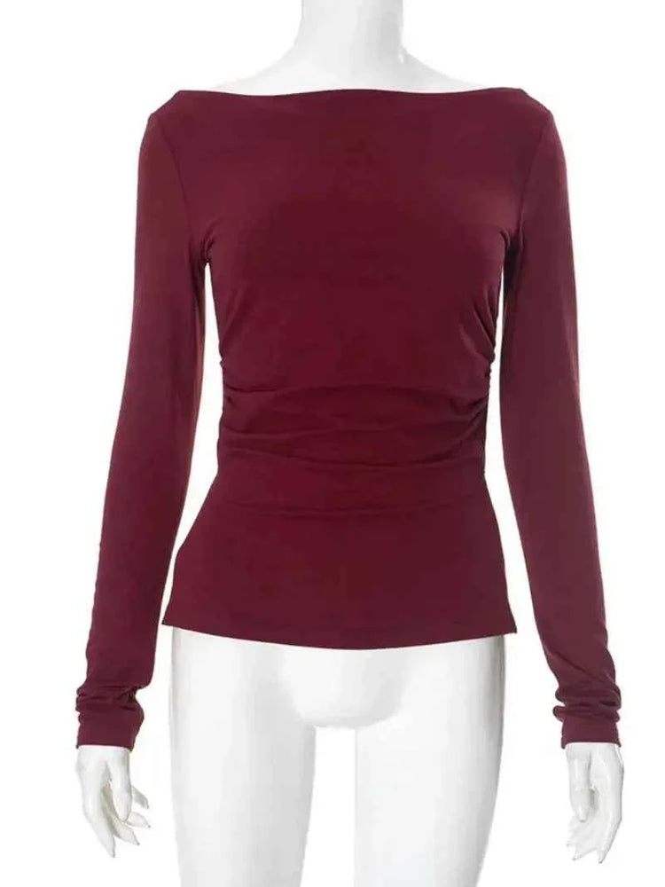 Wine Red T-shirts for Women 2025 Autumn Long Sleeve Split Slim Fit Tee Shirt Female Clothing Y2K Tunics Crop Tops Streetwear
