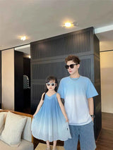 Family Fashion Beach Mother Father and Girl Boy Blue Clothes Vacation Look Mom Daughter Holiday Dress Korean Dad Son T Shirts