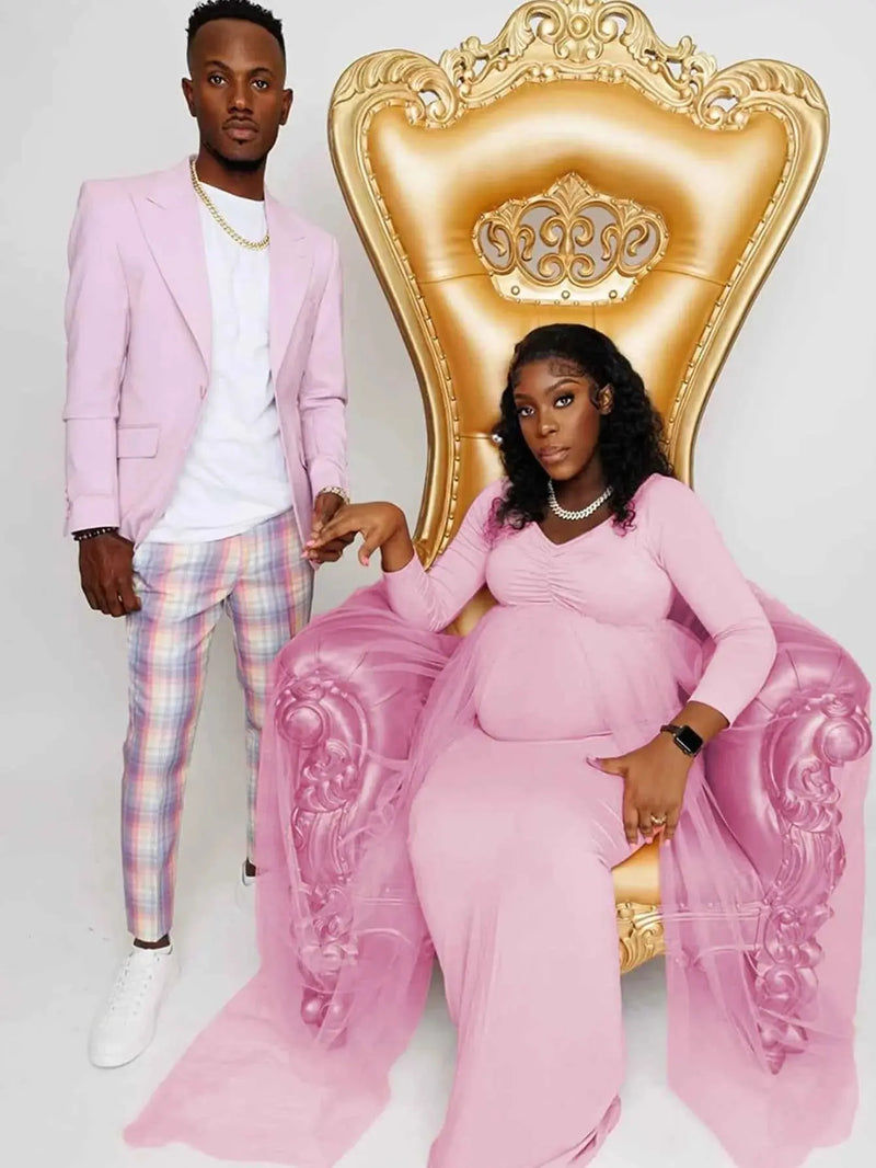 Schwangerenkleider Fotoshooting mit langen Ärmeln und V-Ausschnitt, elegante Mesh-Robe mit Bodenschleppe für Schwangerschaftsfotos und Babypartys