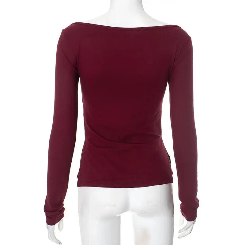 Wine Red T-shirts for Women 2025 Autumn Long Sleeve Split Slim Fit Tee Shirt Female Clothing Y2K Tunics Crop Tops Streetwear - Mein Shop