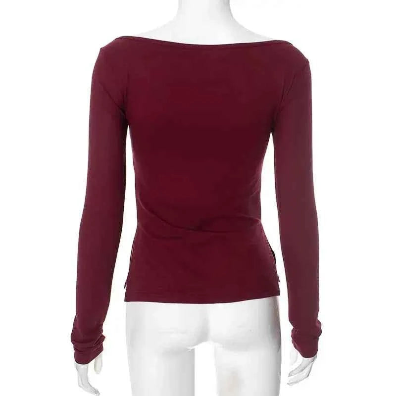 Wine Red T-shirts for Women 2025 Autumn Long Sleeve Split Slim Fit Tee Shirt Female Clothing Y2K Tunics Crop Tops Streetwear