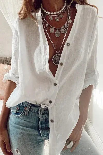 White Shirt for Women Long-sleeved Blouses Cotton Solid Color Loose V-neck Black Top Simple Casual Shirt for Female - Mein Shop