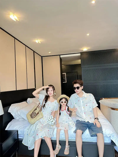 Fashion Family Matching Couple Clothes Mother and Daughter White Dress Dad and Son Baby Clothing Korean Boys Two Piece Outfits - Mein Shop